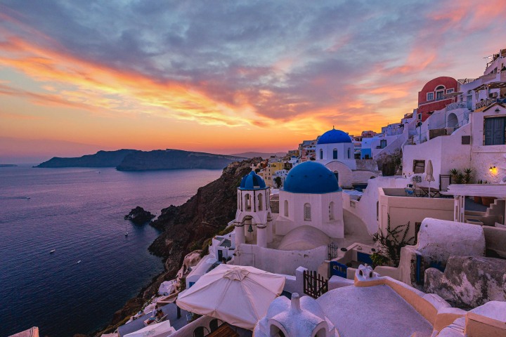 AGP Favorite, Blue domes, Europe, Greece, Oia, Santorini, Sunset, Three domes, Travel