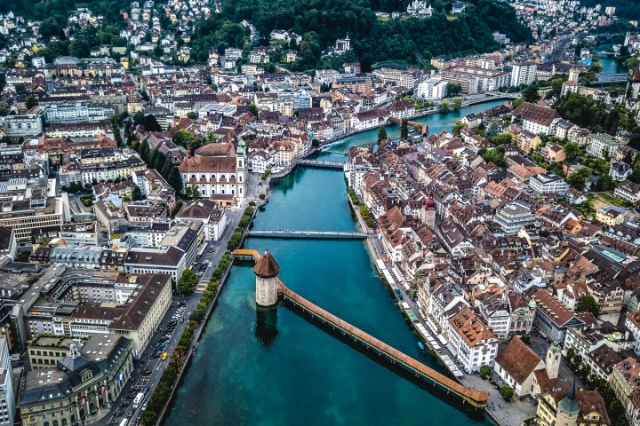 Aerial Photography, Chapel Bridge, Europe, Lake Lucerne, Lucerne, Switzerland, Travel