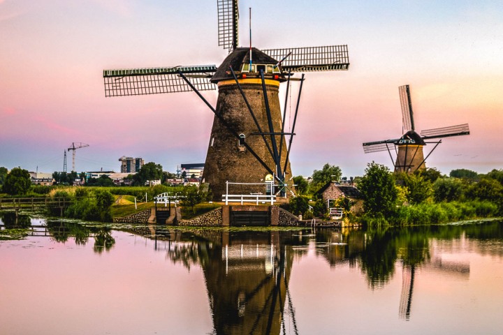 Europe, Kinderdijk, Netherlands, Sunrise, Travel, Windmills