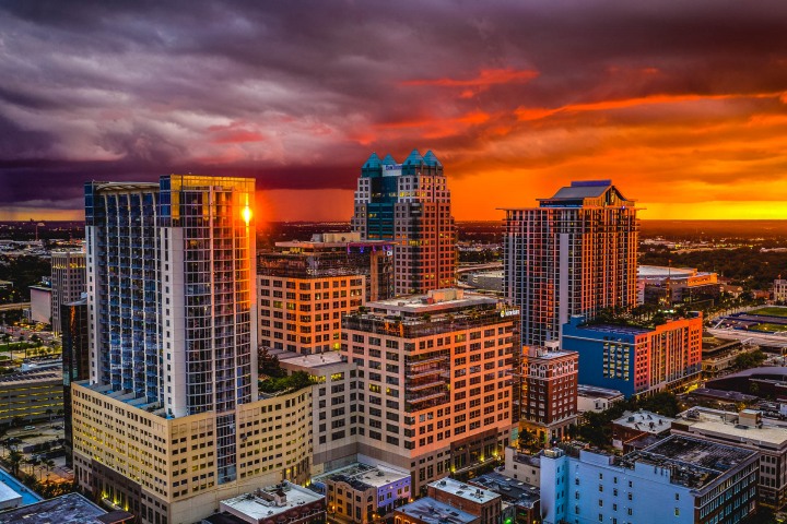 Aerial Photography, Downtown, Florida, Lake Eola, North America, Orlando, Skyline, Sunset, Thunderstorm, Travel, United States