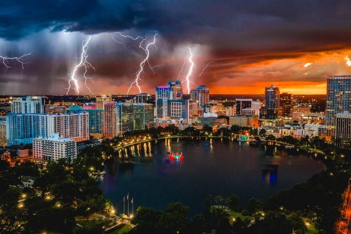 Aerial Photography, AGP Favorite, Downtown, Florida, Lake Eola, North America, Orlando, Skyline, Sunset, Thunderstorm, Travel, United States