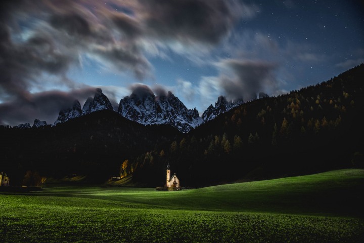 Dolomites, Europe, Furchetta, Italy, Kirche St. Johann in Ranui, Long Exposure, Moonlight, Mountains, Sass Rigais, South Tyrol, St. Maddalena, Travel