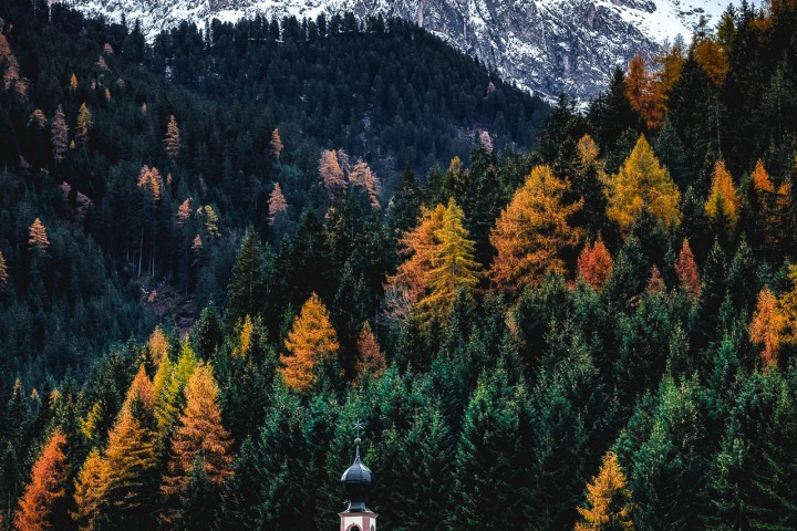 Autumn, Dolomites, Europe, Fall Colors, Furchetta, Italy, Kirche St. Johann in Ranui, Mountains, Sass Rigais, South Tyrol, St. Maddalena, Travel