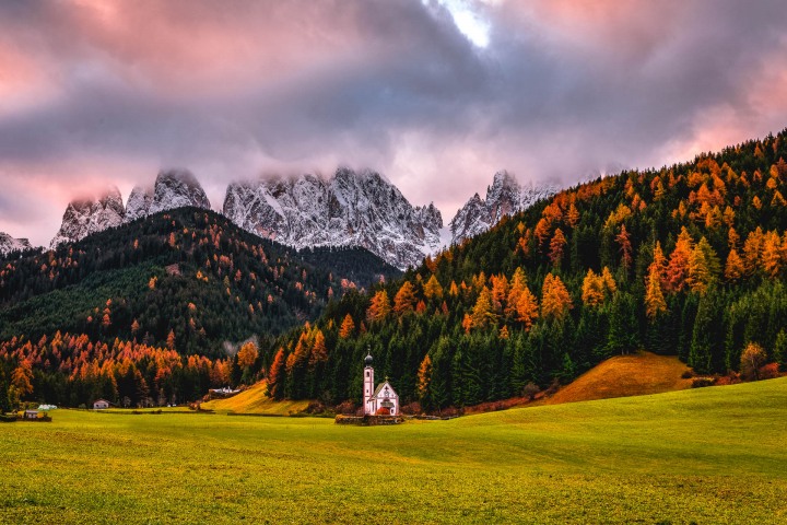 Autumn, Dolomites, Europe, Fall Colors, Furchetta, Italy, Kirche St. Johann in Ranui, Mountains, Sass Rigais, South Tyrol, St. Maddalena, Sunrise, Travel