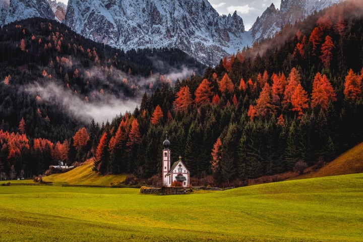 AGP Favorite, Autumn, Dolomites, Europe, Fall Colors, Furchetta, Italy, Kirche St. Johann in Ranui, Mountains, Sass Rigais, South Tyrol, St. Maddalena, Travel