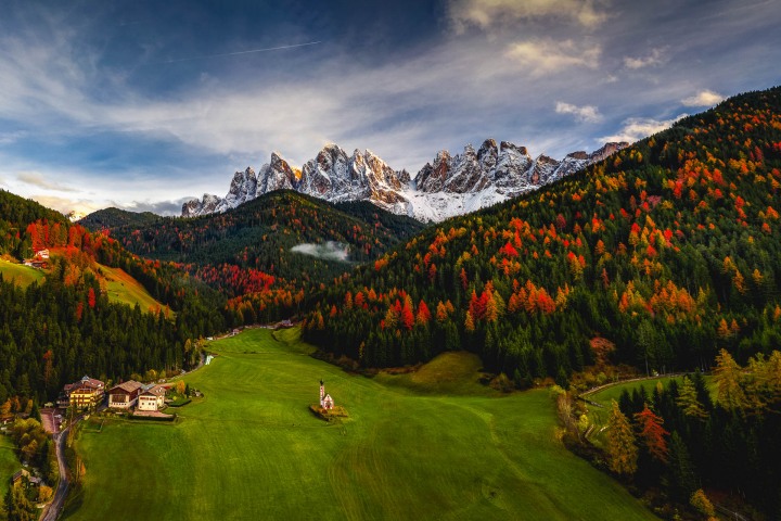 Aerial Photography, Autumn, Dolomites, Europe, Fall Colors, Furchetta, Italy, Kirche St. Johann in Ranui, Mountains, Sass Rigais, Snow Covered, South Tyrol, St. Maddalena, Travel