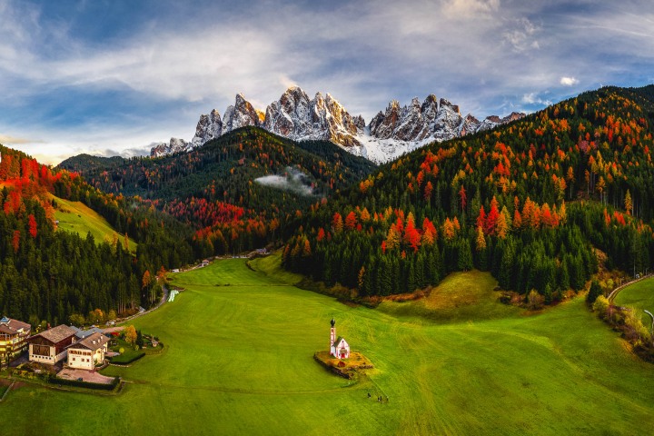 Aerial Photography, AGP Favorite, Autumn, Dolomites, Europe, Fall Colors, Furchetta, Italy, Kirche St. Johann in Ranui, Mountains, Sass Rigais, Snow Covered, South Tyrol, St. Maddalena, Travel, AGP, Alex G Perez, www.AGPfoto.com