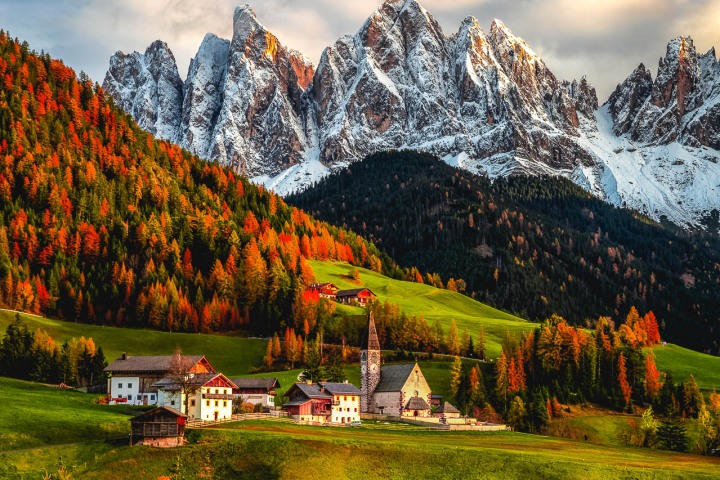 AGP Favorite, Autumn, Dolomites, Europe, Fall Colors, Furchetta, Italy, Mountains, Santa Maddalena Church, Sass Rigais, Snow Covered, South Tyrol, St. Maddalena, Travel