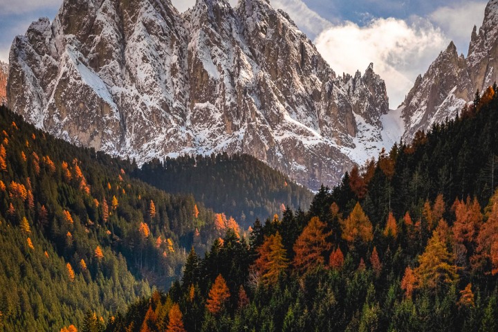 Autumn, Dolomites, Europe, Fall Colors, Furchetta, Italy, Kirche St. Johann in Ranui, Mountains, Sass Rigais, Snow Covered, South Tyrol, St. Maddalena, Travel