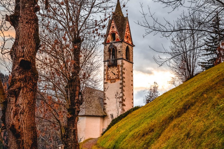 Autumn, Chiesa Santa Barbara, Dolomites, Europe, Italy, South Tyrol, Travel