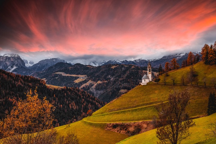 AGP Favorite, Autumn, Chiesa Santa Barbara, Dolomites, Europe, Italy, South Tyrol, Sunset, Travel