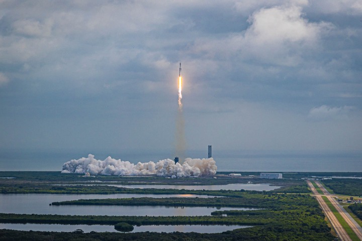 A SpaceX Falcon Heavy rocket lifts off from Florida's Cape Canaveral Space Force Station on October 13, 2023. The Falcon Heavy rocket is carrying a NASA Psyche satellites . (Photo by Alex G Perez/AGPfoto/Sipa USA)